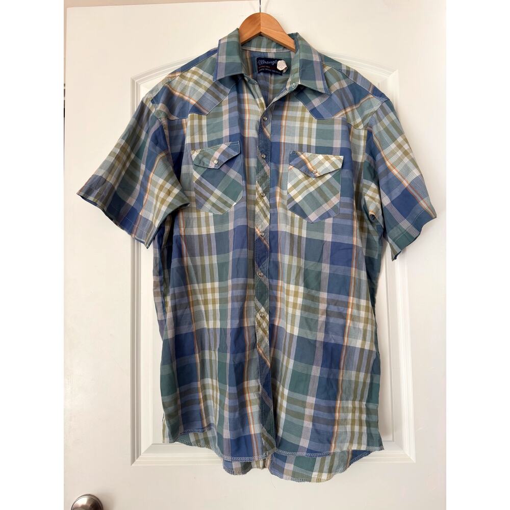 Vintage Wrangler Men's Short Sleeve Plaid Western Snap Shirt Blue Size 18 (XXL)